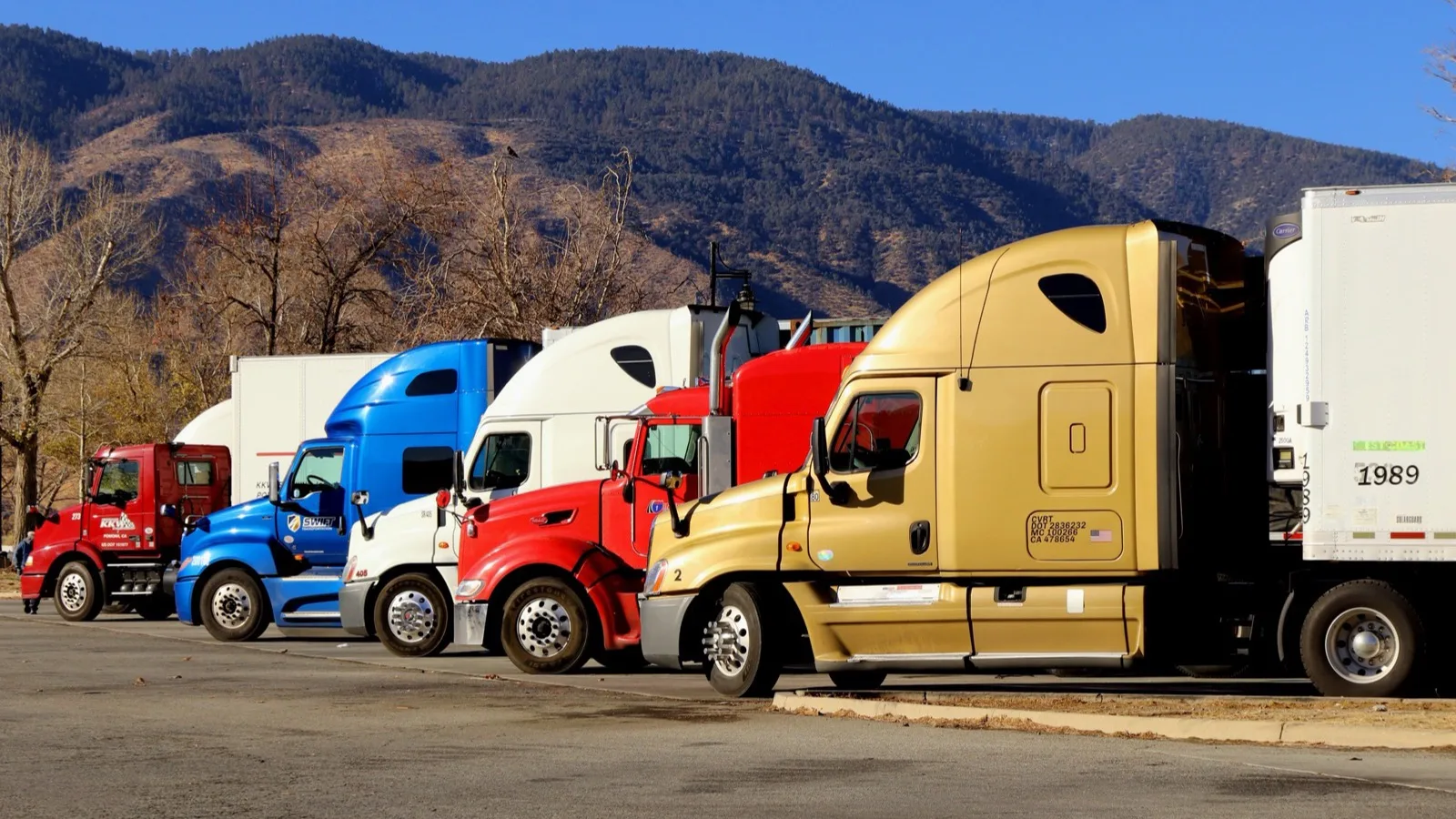A row of commercial semi-trucks