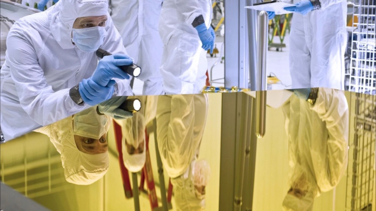 A NASA technician in clean-room gear inspecting a James Webb Space Telescope mirror, reflected in the gold surface below
