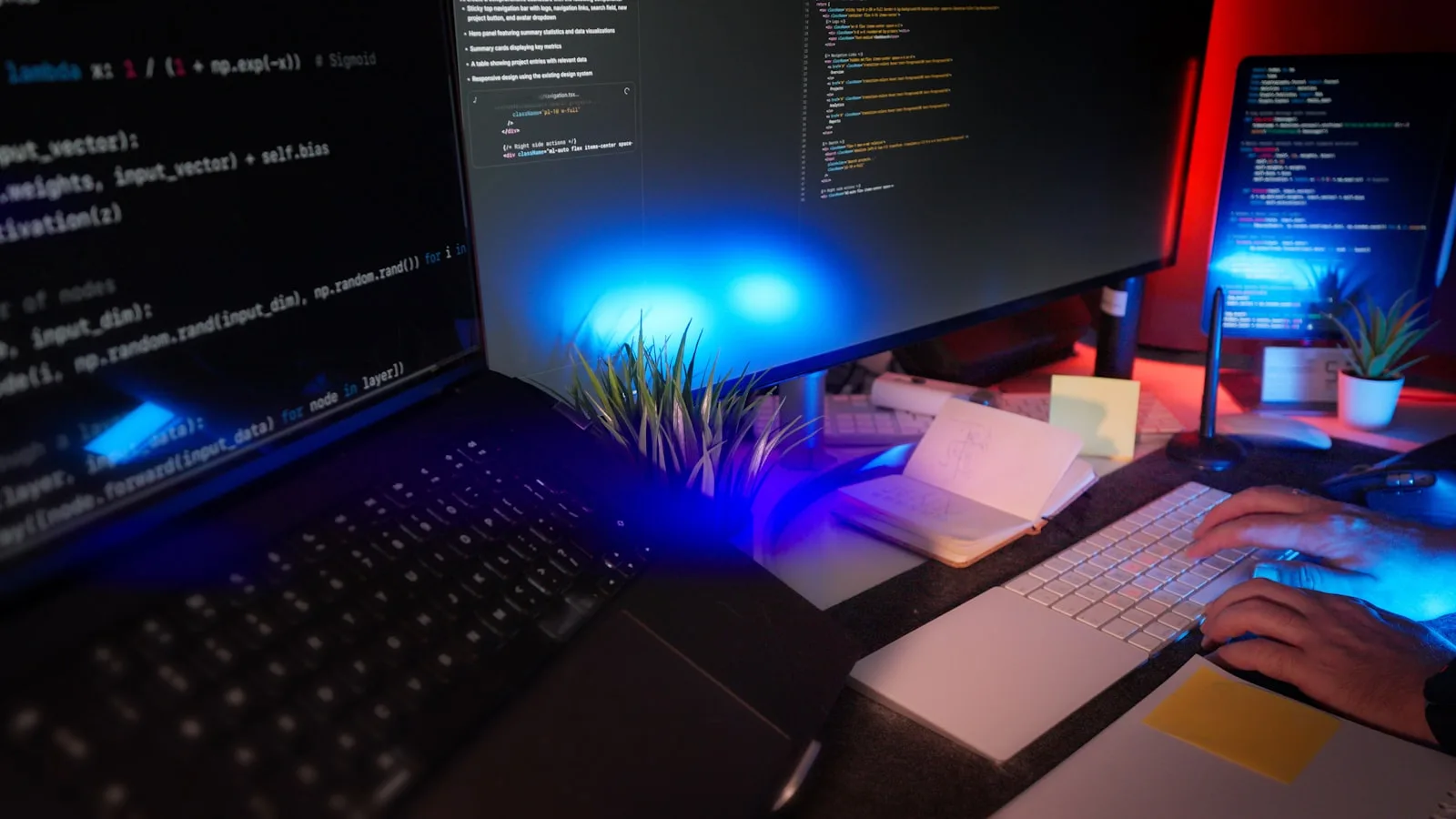A developer coding across multiple monitors